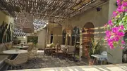 Rustic Bali Cafe Interior with Woven Ceiling and Natural Decor
