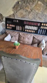 Rustic Cafe Interior with Wooden Table and Cozy Seating