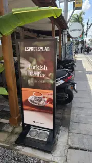 Espressolab Bali Signage Advertising Turkish Coffee on Tropical Sidewalk