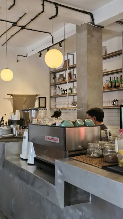 Modern Cafe Interior with Barista and Espresso Machine in Bali - stock photo