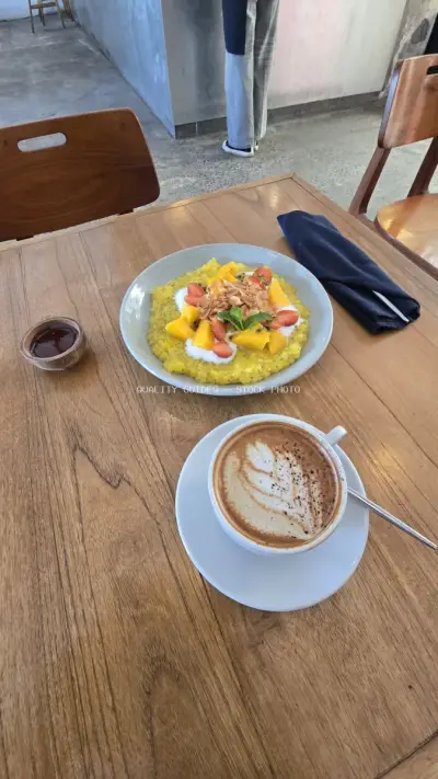 Healthy Tropical Breakfast and Coffee at a Bali Cafe - stock photo