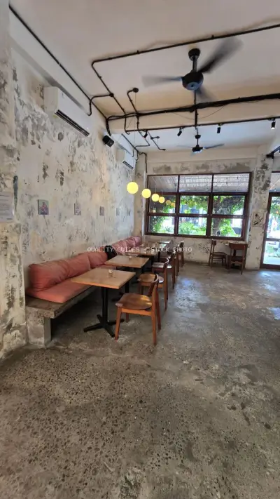 Empty Rustic Cafe Interior in Bali with Industrial Design - stock photo