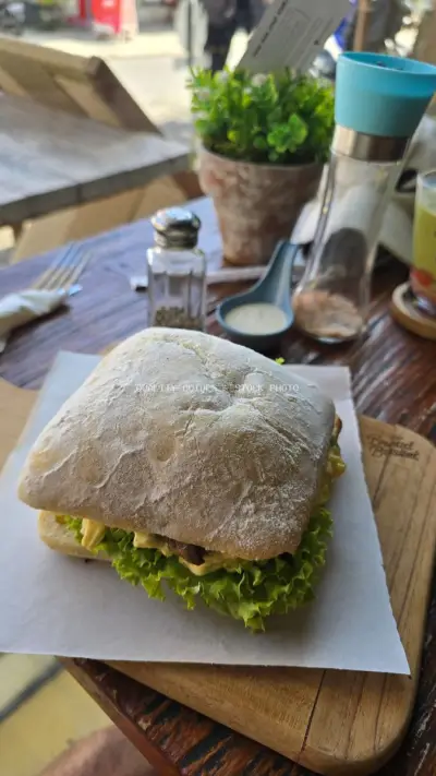 Fresh Ciabatta Sandwich at Bread Basket Bakery in Bali - stock photo