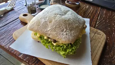 Fresh Ciabatta Sandwich with Lettuce and Creamy Filling - stock photo