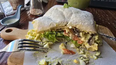 Delicious Egg Salad Sandwich on Ciabatta at Bali Bakery Cafe - stock photo