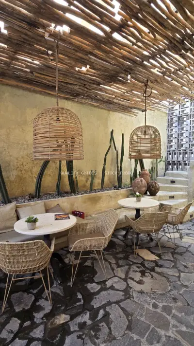 Rustic Outdoor Cafe Interior in Bali with Natural Decor - stock photo