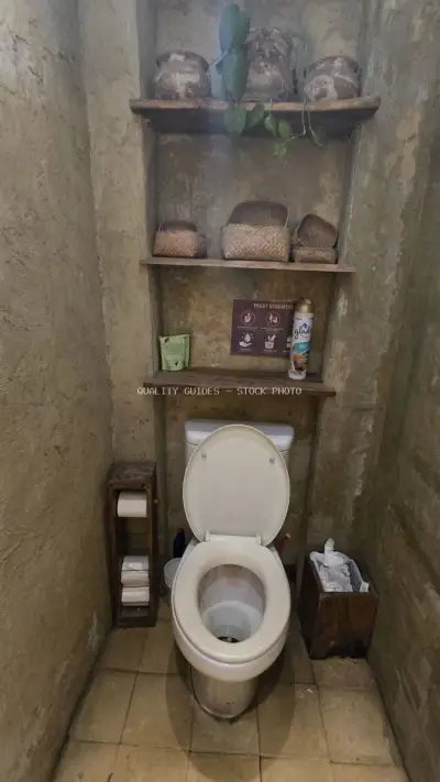 Rustic Toilet Interior with Earthy Tones and Natural Decor - stock photo