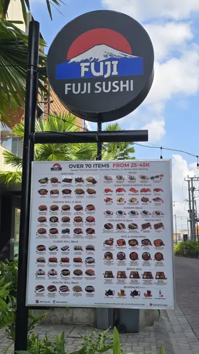 Fuji Sushi Canggu Restaurant Sign and Menu in Bali - stock photo