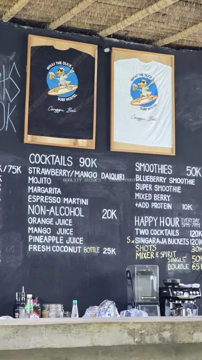 What The Duck Surf Hostel Menu and Branding in Canggu Bali - stock photo