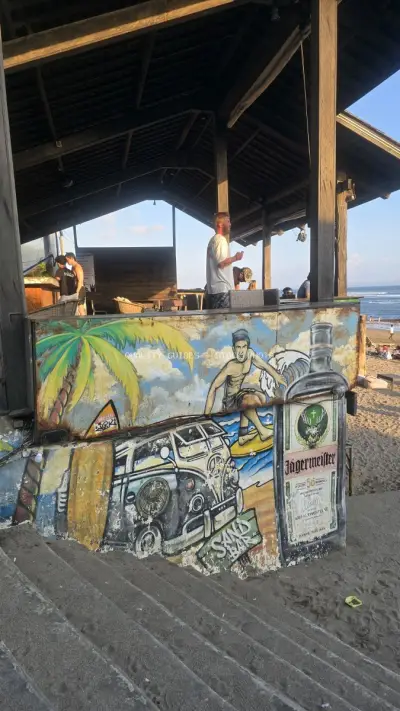 Vibrant Beach Bar Graffiti at Pantai Batu Bolong, Bali - stock photo