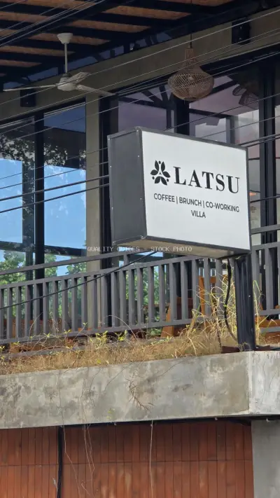 Latsu Canggu Signage: Modern Coffee, Brunch, Co-working Villa Exterior - stock photo