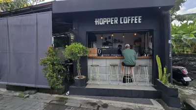 Modern Hopper Coffee Shop in Bali with Tropical Vibes - stock photo