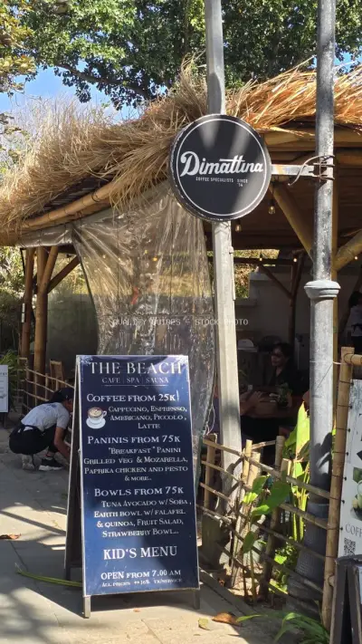 Bali Cafe Entrance with Thatched Roof and Menu Board - stock photo