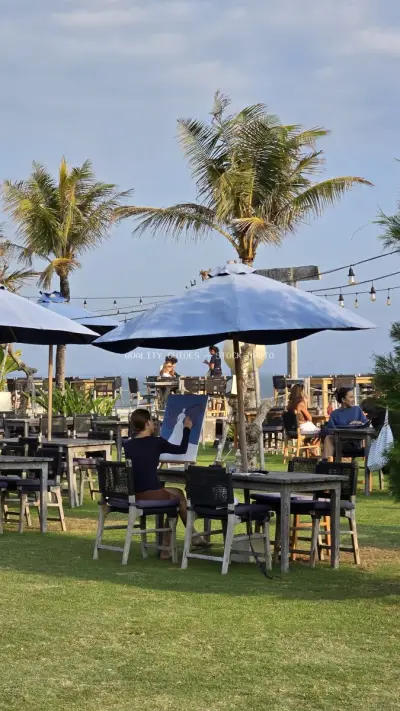 Tropical Beach Club Art Session in Bali with Palm Trees - stock photo