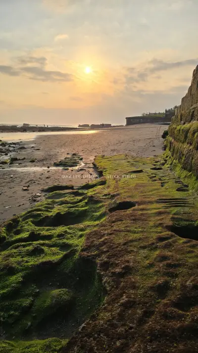 Golden Sunset over Cemagi Beach Bali with Mossy Rocks - stock photo