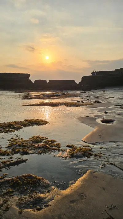 Golden Sunset over Rocky Cemagi Beach Tide Pools, Bali - stock photo