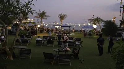 Evening Ambiance at Seseh Beach Club, Bali with String Lights - stock photo