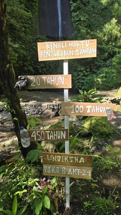 Bali Waterfall Age Markers Wooden Sign Pucak Manik - stock photo
