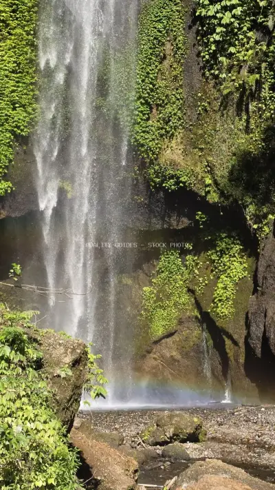 Lush Waterfall with Moss-Covered Rocks in Bali - stock photo