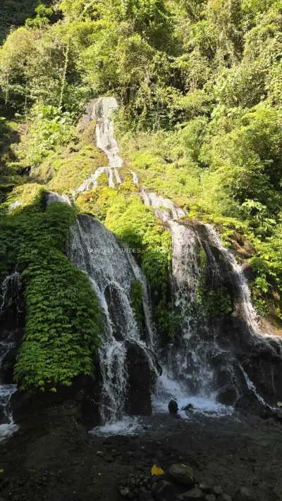 Lush Tropical Waterfall Cascading Through Verdant Jungle Bali - stock photo