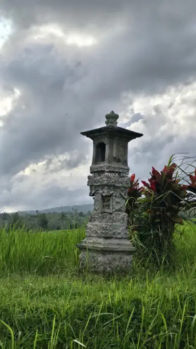 Ancient Stone Temple Shrine Bali Rice Terraces Landscape - stock photo