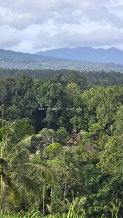 Balinese Temple Nestled in Lush Jungle Landscape - stock photo