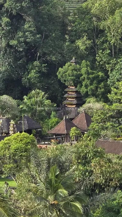 Balinese Temple Nestled in Lush Tropical Forest Canopy - stock photo