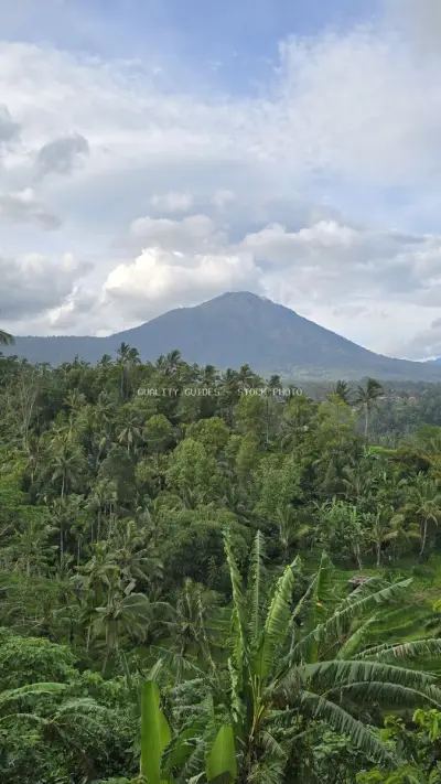Majestic Volcano View Over Tropical Rice Terraces Bali - stock photo