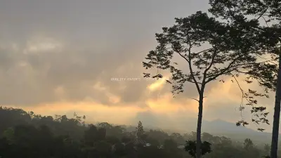 Bali Sunset Glamping Golden Hour Mountain Landscape - stock photo