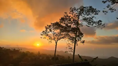 Golden Sunset Over Bali Mountains with Silhouetted Trees - stock photo