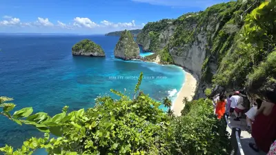 Diamond Beach Bali Clifftop View Turquoise Waters - stock photo