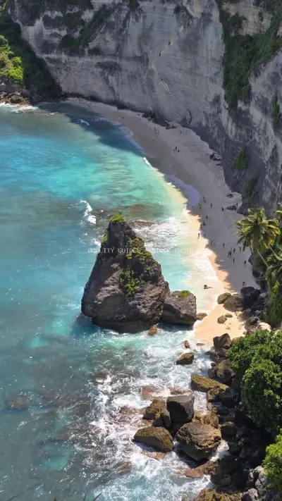 Diamond Beach Bali Aerial View Turquoise Waters Cliffs - stock photo