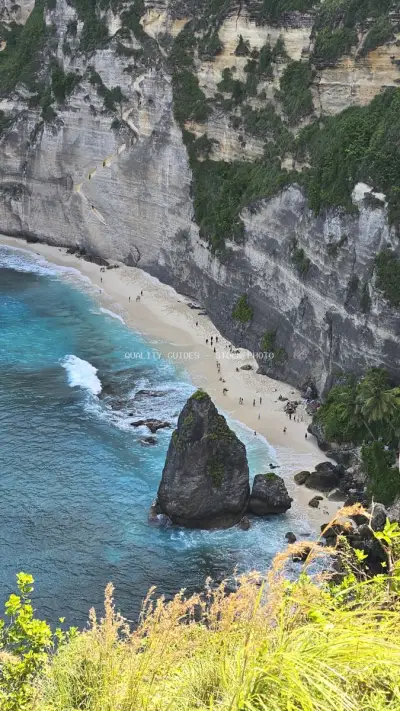 Aerial View Diamond Beach Bali Cliffs and Turquoise Waters - stock photo