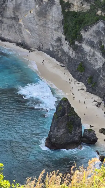 Diamond Beach Bali Aerial View Dramatic Cliffs Ocean - stock photo