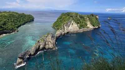Aerial View Diamond Beach Bali Turquoise Waters - stock photo
