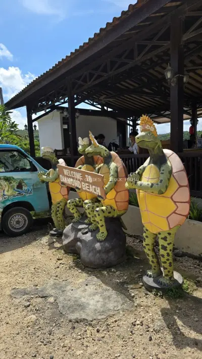 Colorful Turtle Statues Welcome Sign Diamond Beach Bali - stock photo