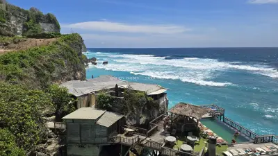 Suluban Uluwatu Beach Bali Clifftop Resort Aerial View - stock photo