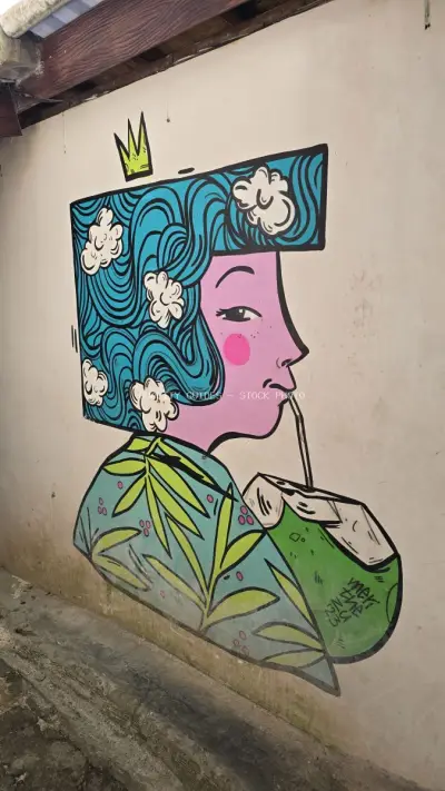 Colorful Street Art Portrait Mural Bali Beach - stock photo