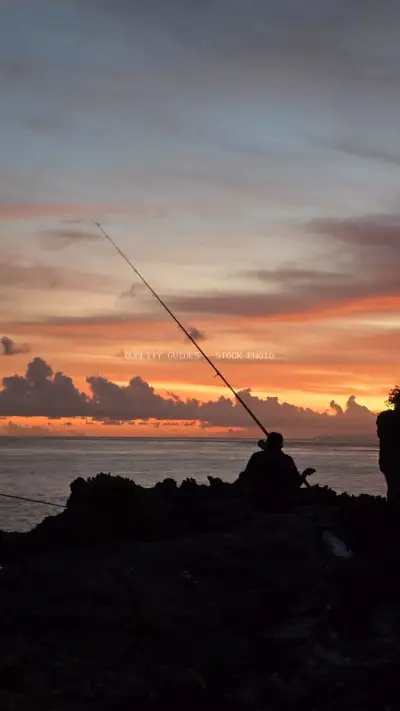 Fisherman Sunset Silhouette Broken Beach Bali - stock photo