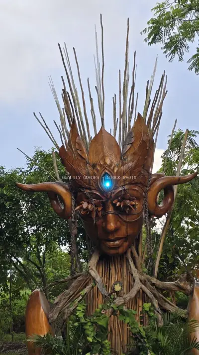 Mystical Wooden Tree Spirit Sculpture Bali Creative City - stock photo