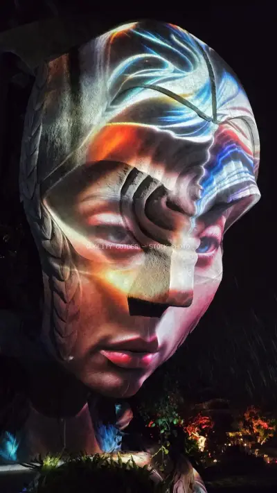 Colorful Illuminated Head Sculpture Nuanu Creative City Bali - stock photo