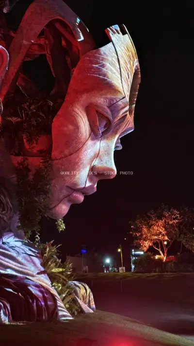 Illuminated Balinese Sculpture at Night - Nuanu Creative City - stock photo