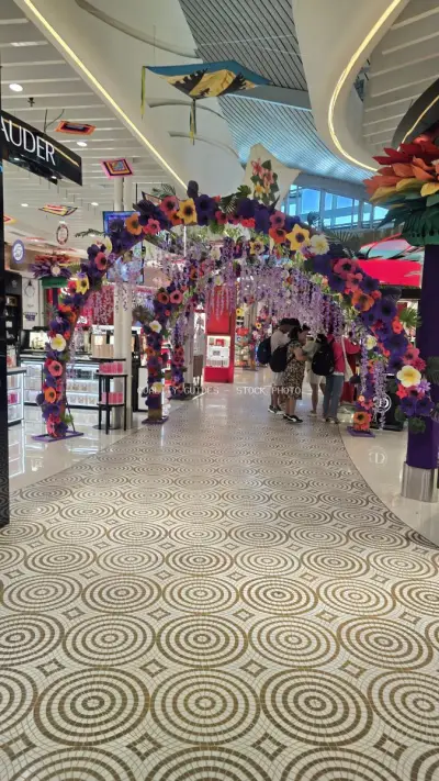 Vibrant Floral Installation Airport Terminal Modern Architecture - stock photo