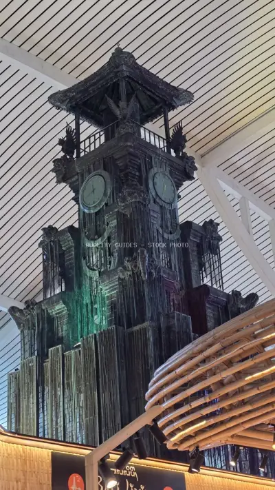 Balinese Clock Tower Architecture Bali Airport Interior - stock photo