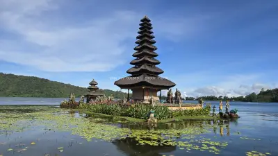 Ulun Danu Beratan Temple Lake Bali Indonesia Iconic - stock photo