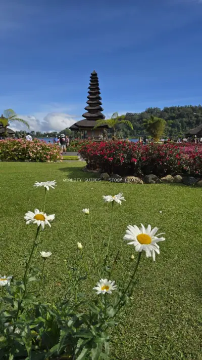 Ulun Danu Beratan Temple Bali with White Daisies - stock photo