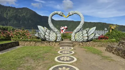 Iconic Swan Sculpture at Ulun Danu Beratan Temple Bali - stock photo