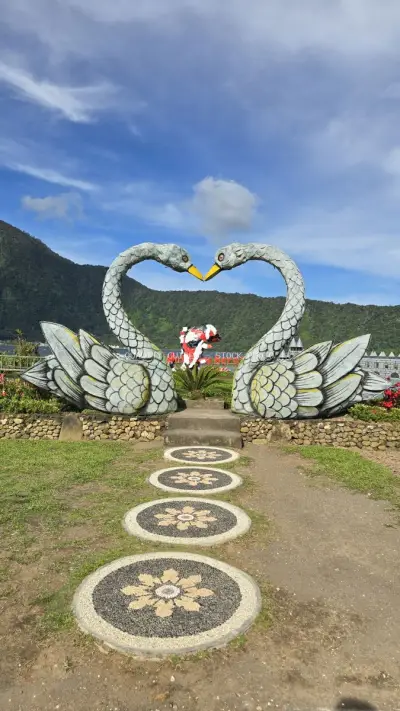 Romantic Swan Sculpture Heart Bali Temple Garden - stock photo