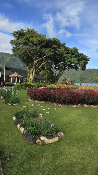 Ulun Danu Beratan Temple Gardens with Ancient Tree and Lake - stock photo