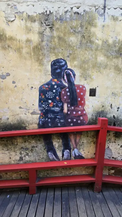 Street Art Mural Girl on Red Bench Kwai Chai Hong - stock photo